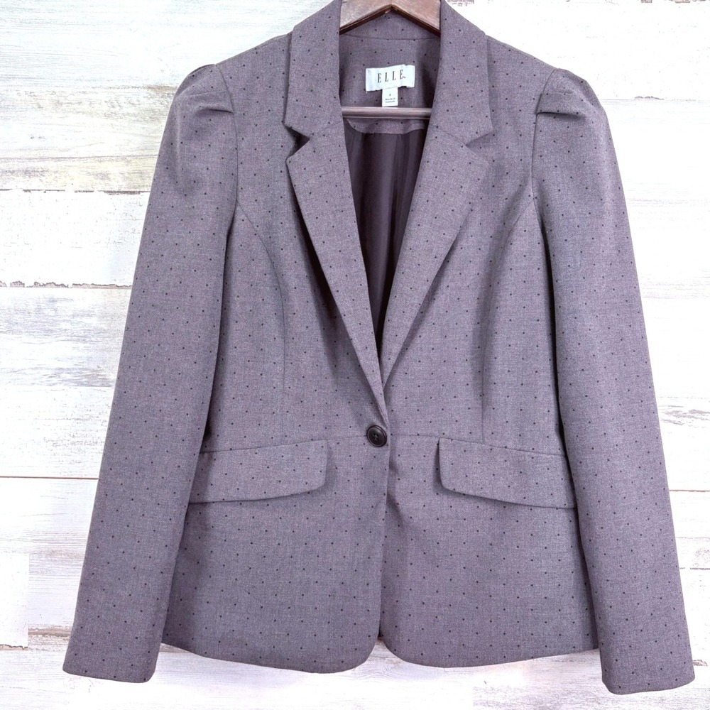 ELLE Womens Gray Polka Dot Puffed Shoulder Peplum One Button Blazer Jacket Sz 4